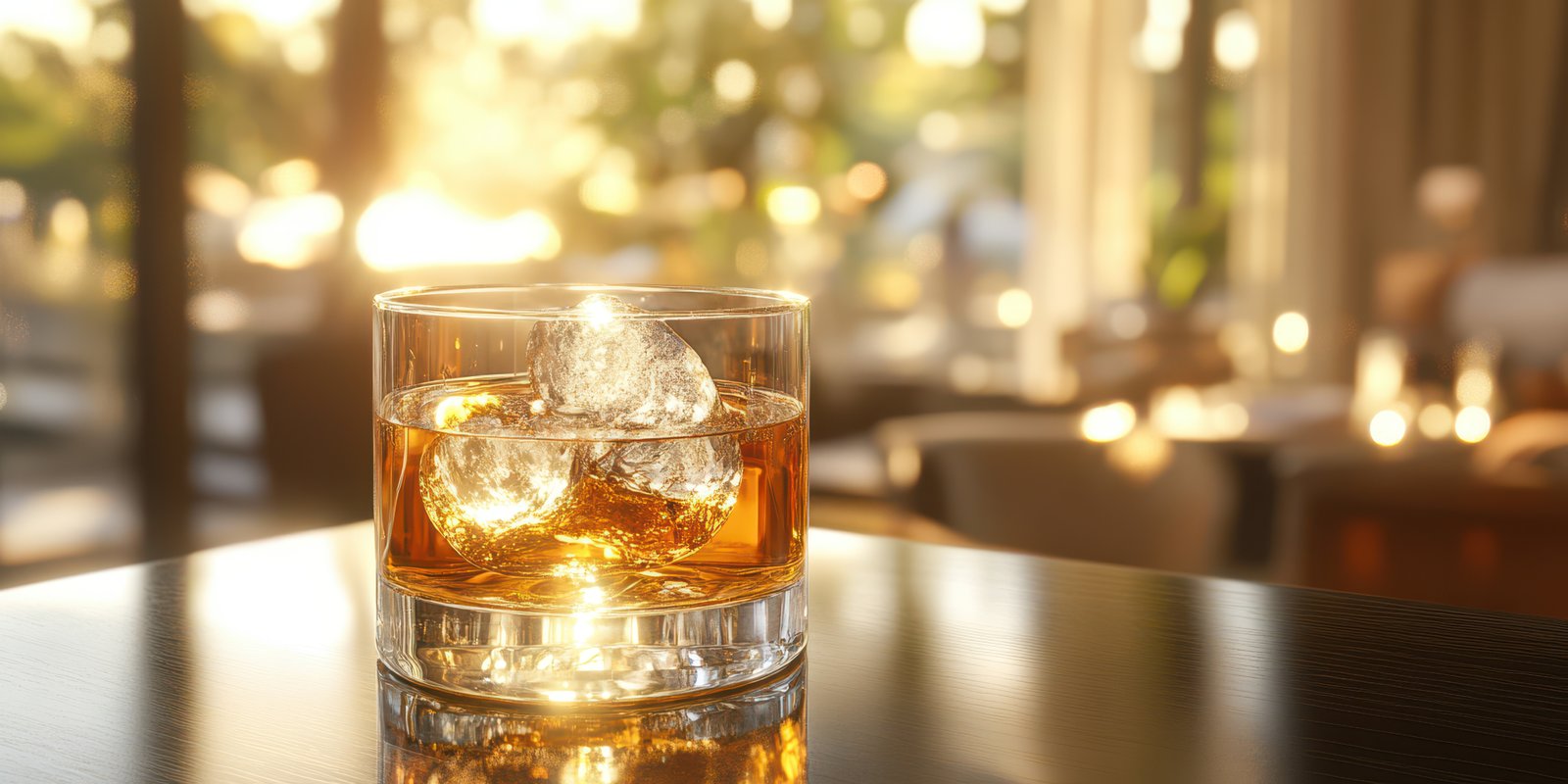 Warm golden whiskey on rocks glimmers in the sunlight at a cozy bar during the golden hour